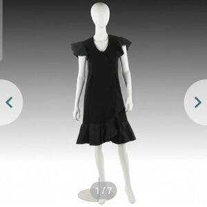 Pauline Trigère Black Ruffled Evening Dress with V-cut Neckline, 1990s Vintage